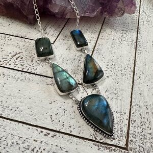 Blue Flash Labradorite Necklace Sterling Silver Plated